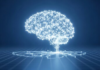 Digital brain network on a dark blue background, depicting AI, neural networks, and interconnected thought processes. Perfect for technology and science concepts.