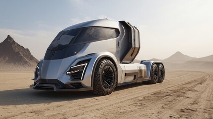 Futuristic electric truck with aerodynamic design on a desert testing track, high-tech detail