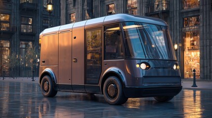 Innovative electric delivery van with modular design, city street, photorealistic lighting