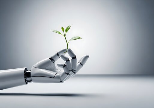 A sleek white robotic hand holds a vibrant green sapling, representing the synergy between artificial intelligence and environmental sustainability. 