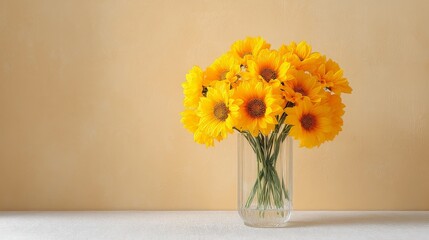 Fototapeta premium Luxury Floral Bouquet with Elegant Arrangement, A vibrant bouquet of sunflowers in a clear vase against a soft, warm background.