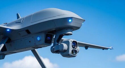 Autonomous Drone with Camera Flying in Clear Blue Sky