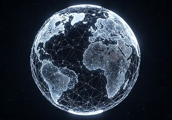 A futuristic digital globe illustrating global network connectivity, data communication, and technological advancements across the world.