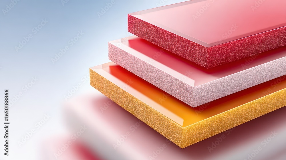 Poster layered rectangular objects in red pink and gold colors with textured edges and glossy surfaces