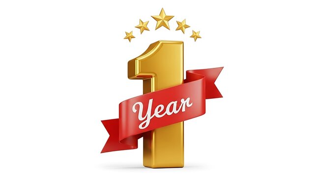 Celebrating One Year Anniversary Gold Number with Stars and Ribbon