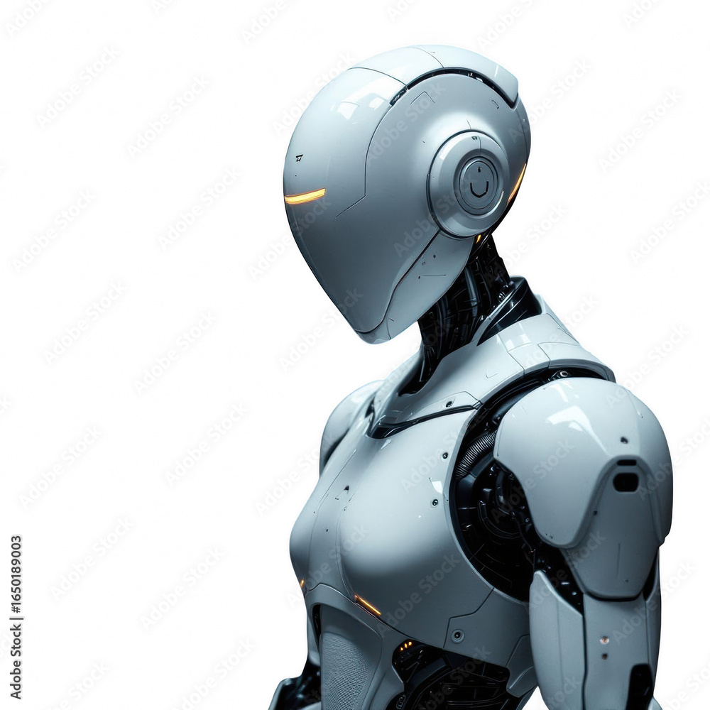Poster a sleek white humanoid robot with a minimalist design standing against a black background in profile