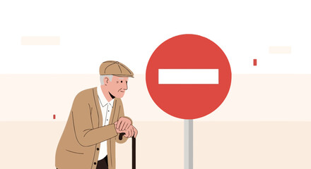 Senior Man Leaning On Cane Next To Prohibited Sign On Beige Background