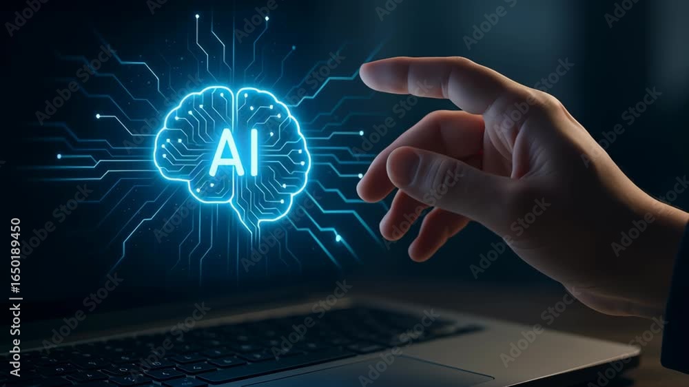 Aufkleber automatic ai system task processing concept showing digital brain hologram and human hand near lapto