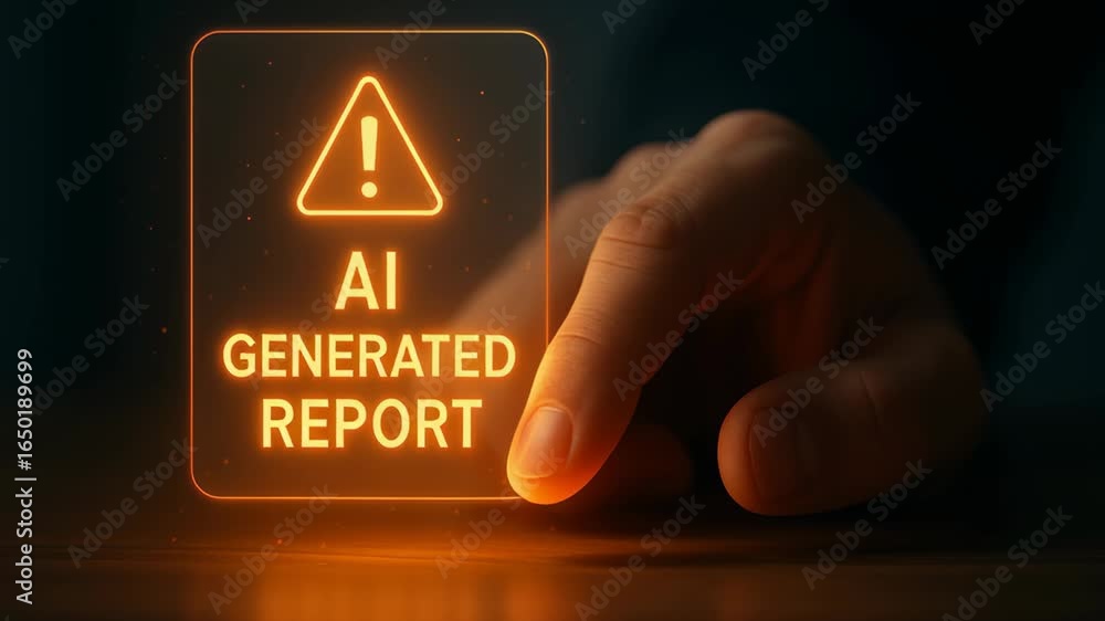 Poster ai generated report with automatic system for task management hand pointing on glowing warning sign 