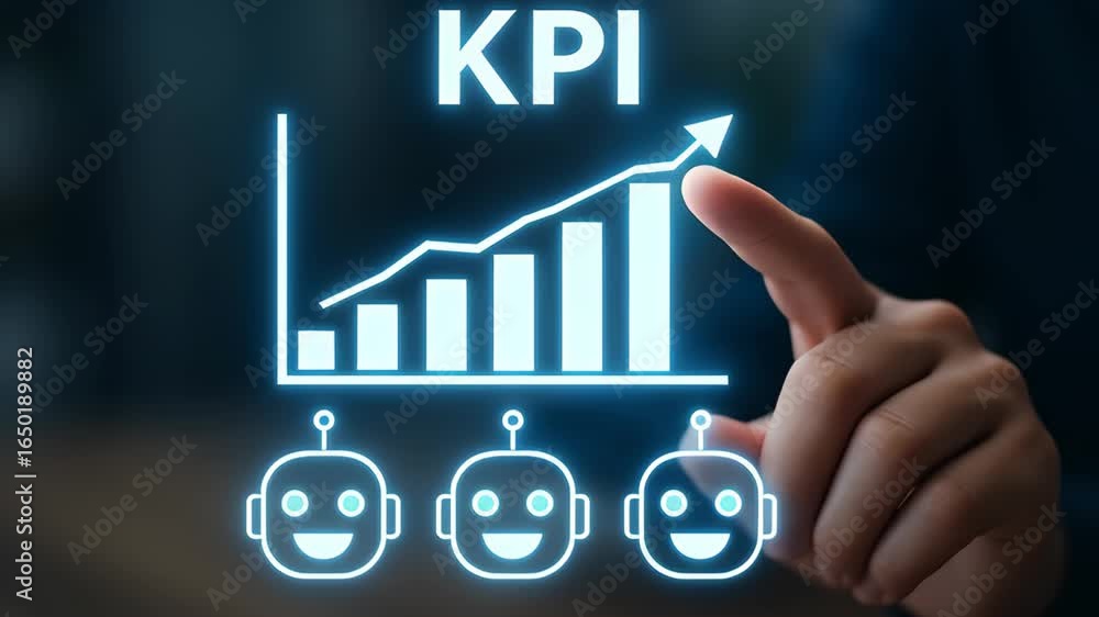 Poster ai system automatic task kpi chart with hand pointing at glowing robot icons showing progress and im