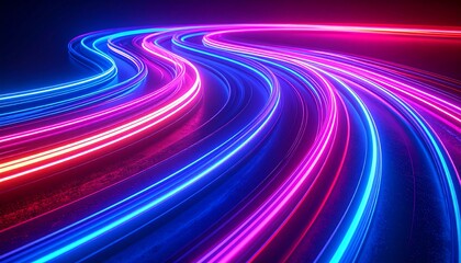 Abstract neon light trails curve across dark background