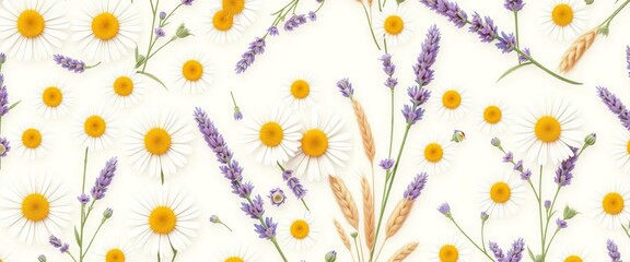 Obraz premium Elegant seamless pattern featuring daisies, lavender, and wheat in a retro white web design aesthetic, textile, flower