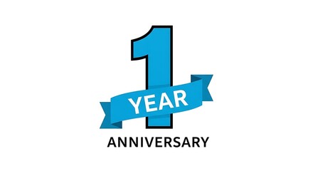Fototapeta premium Celebrating One Year Anniversary With Blue Ribbon And Text