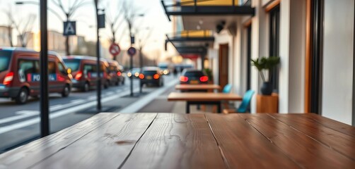 Empty wooden desk in minimalist cafe, blurred city street background, ambiance, outside