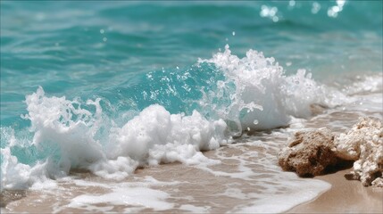 Foamy turquoise wave breaking on a sandy beach with rocks ocean water sea