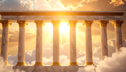 Fototapeta premium Majestic marble columns of a heavenly temple in the sky with radiant sunlight streaming through.