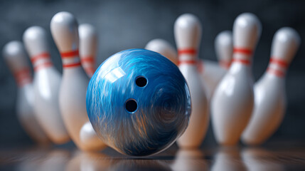 A blue bowling ball in front of bowling pins ready for a strike shot