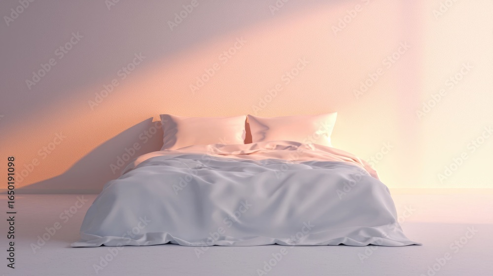 Poster inviting and calming bedroom scene featuring a freshly made bed with soft plush bedding and warm amb