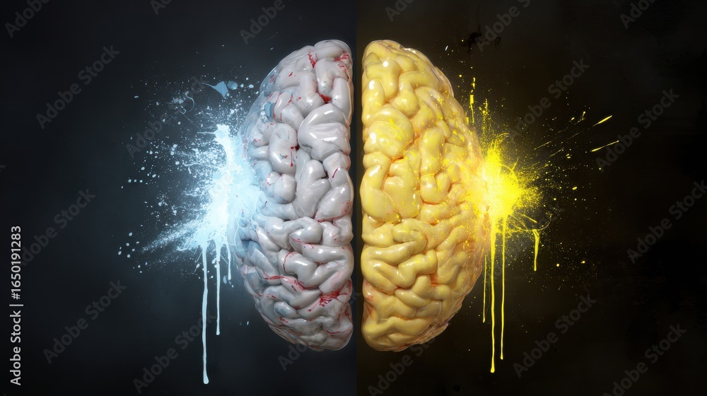 Poster Conceptual Representation of a Human Brain Divided Into Two Halves Showcasing Contrasting Colors and Elements Representing Creativity and Logic