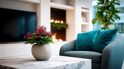 Naklejka premium Modern living room with fireplace television armchair and decorative plant on a marble table