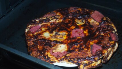 Burnt pizza in the oven showcasing cooking mishap