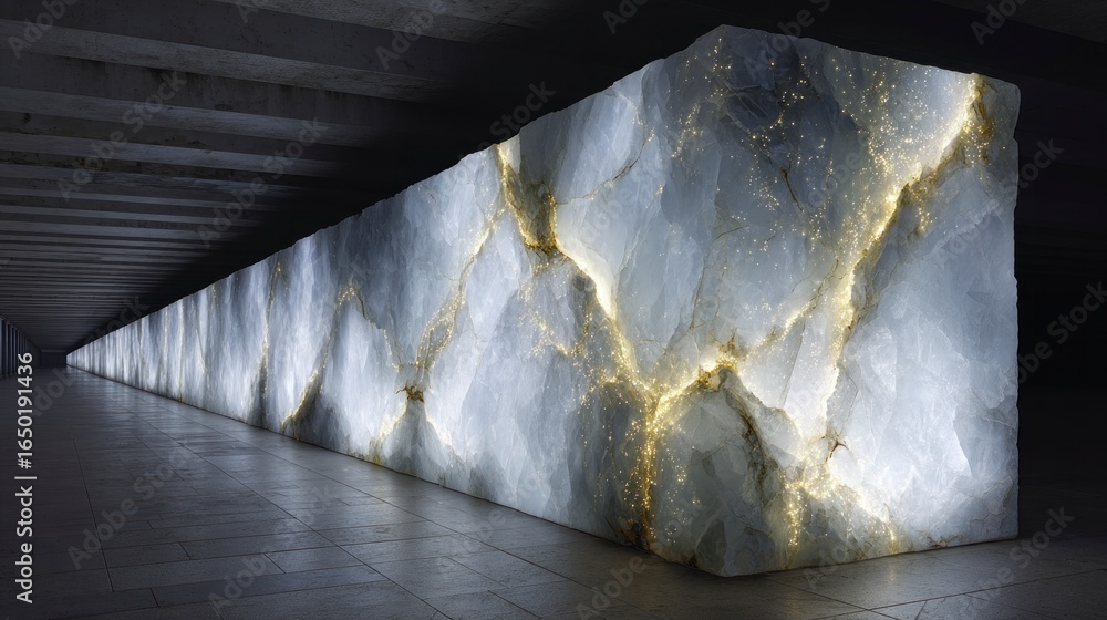 Poster large translucent alabaster slab illuminated with embedded golden lights in a long dark corridor