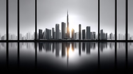 Fototapeta premium Stunning city skyline at dusk with reflective surfaces and modern architecture.