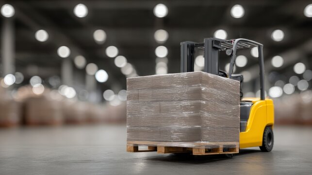 Yellow forklift truck lifting a pallet of shrink wrapped boxes in a warehouse