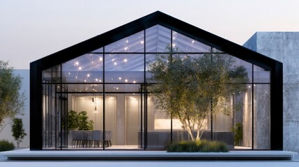 Fototapeta premium Modern glass house with minimalist interior and illuminated tree outside