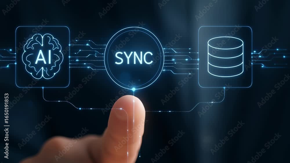 Poster ai sync system automatic task with finger touching digital interface and data processing connection 