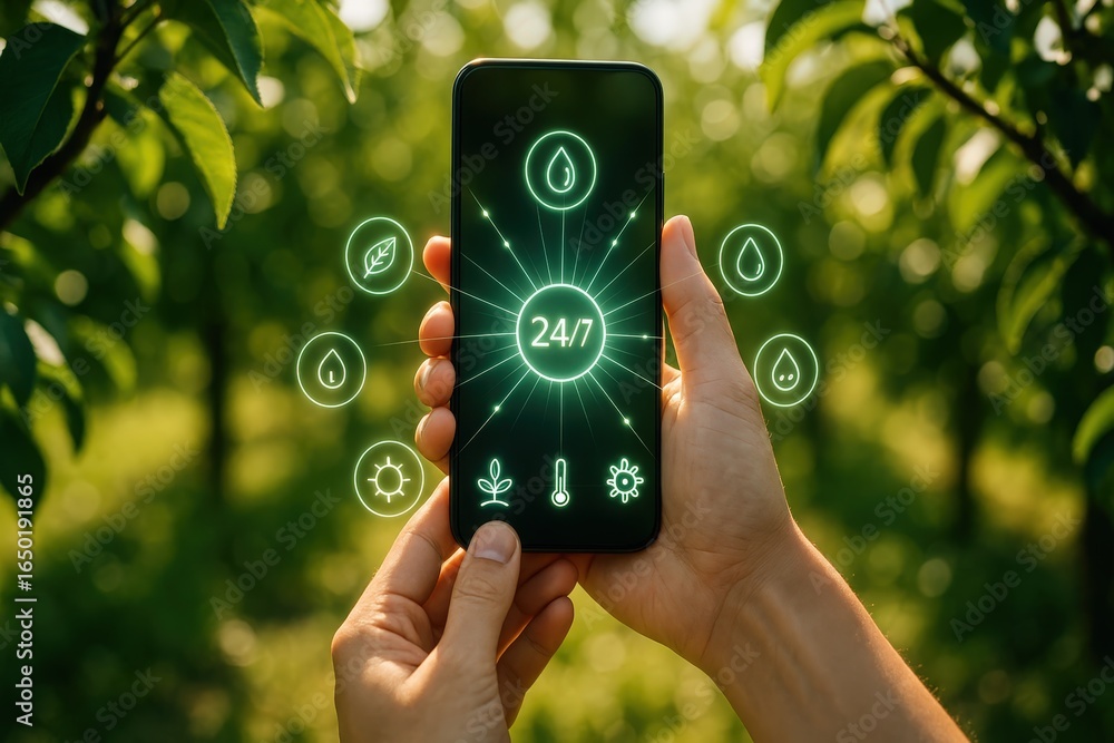 Poster smartphone displaying a 24/7 environmental monitoring application in a garden setting.
