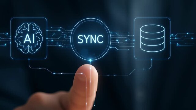 AI sync system automatic task with finger touching digital interface and data processing connection concept