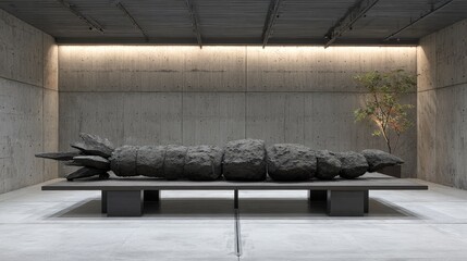 Dark gray sculpture, resembling a large carrot, rests on a platform in a modern, minimalist room