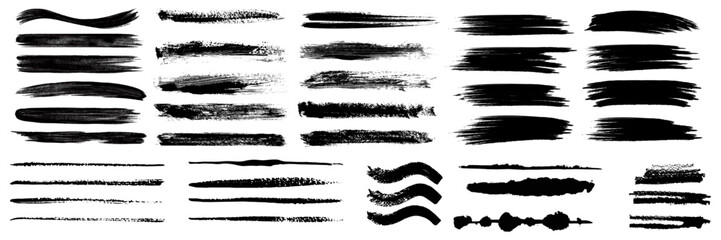 Collection of vector paint brush stroke, ink splatter, grunge line and artistic design elements. Dirty overlay, watercolor splash, black silhouette and torn paper set. Social media business banner art
