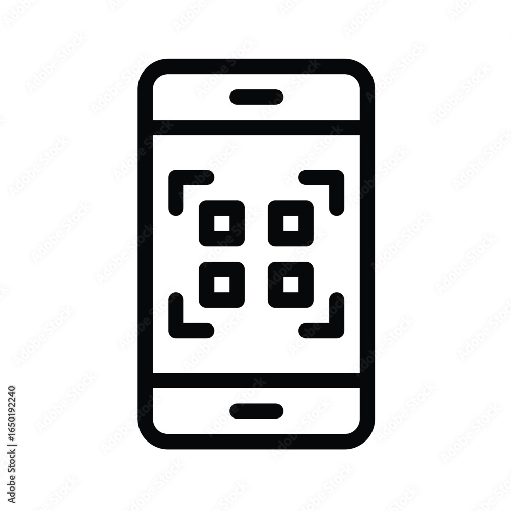Poster black outline drawing of a smartphone displaying a qr code on its screen, web icons in line style. e