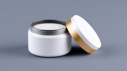 Stylish open cosmetic jar with a gold lid on a subtle gray background.