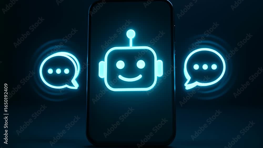 Poster ai automatic system task chatbot digital communication smartphone interface with glowing assistant i