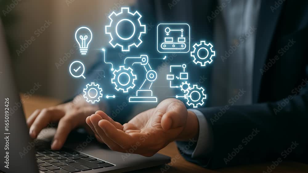 Poster ai automatic system task concept featuring glowing gear and robotic arm icons above hand with laptop