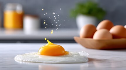 Fresh egg yolk splashing on a marble countertop with a bowl of eggs in the background.