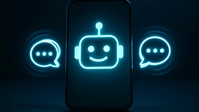 AI automatic system task chatbot digital communication smartphone interface with glowing assistant icon