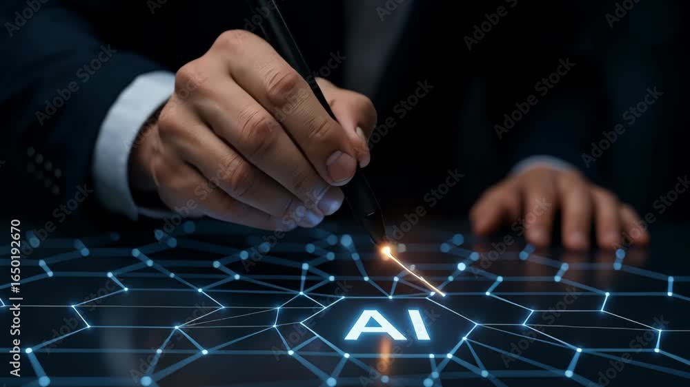 Poster artificial intelligence system with automatic task processing and control technology shown by hand o