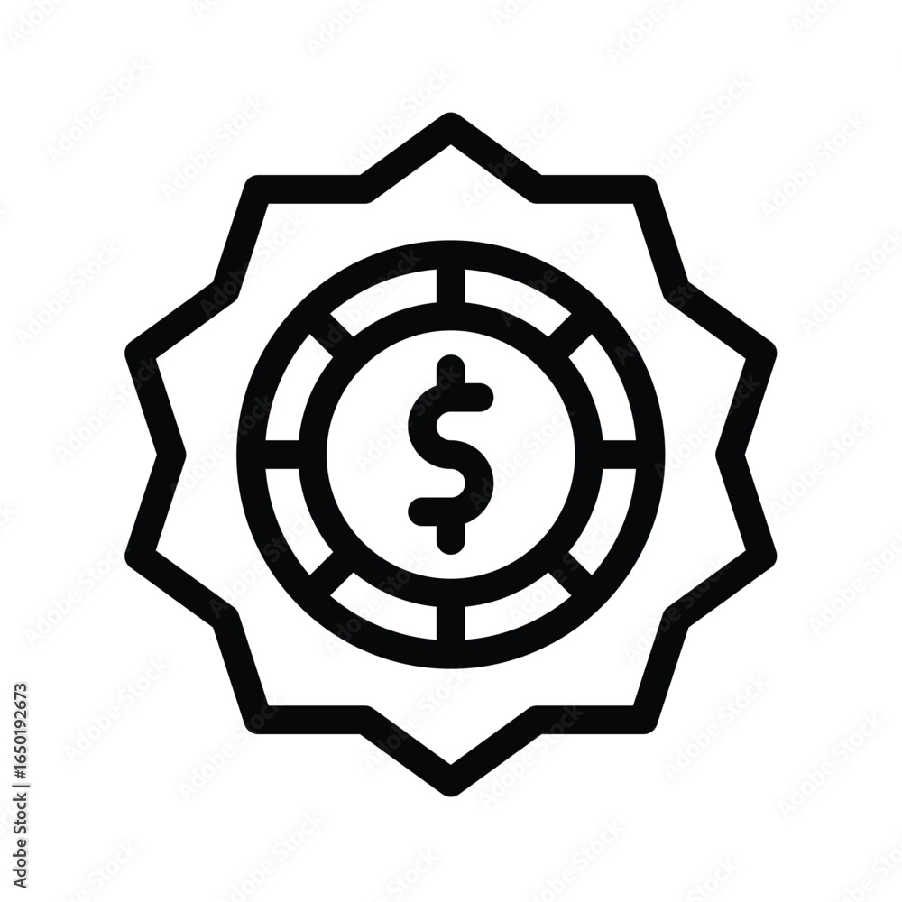 Poster outlined dollar symbol in a round shape with slots within a starshaped seal, web icons in line style