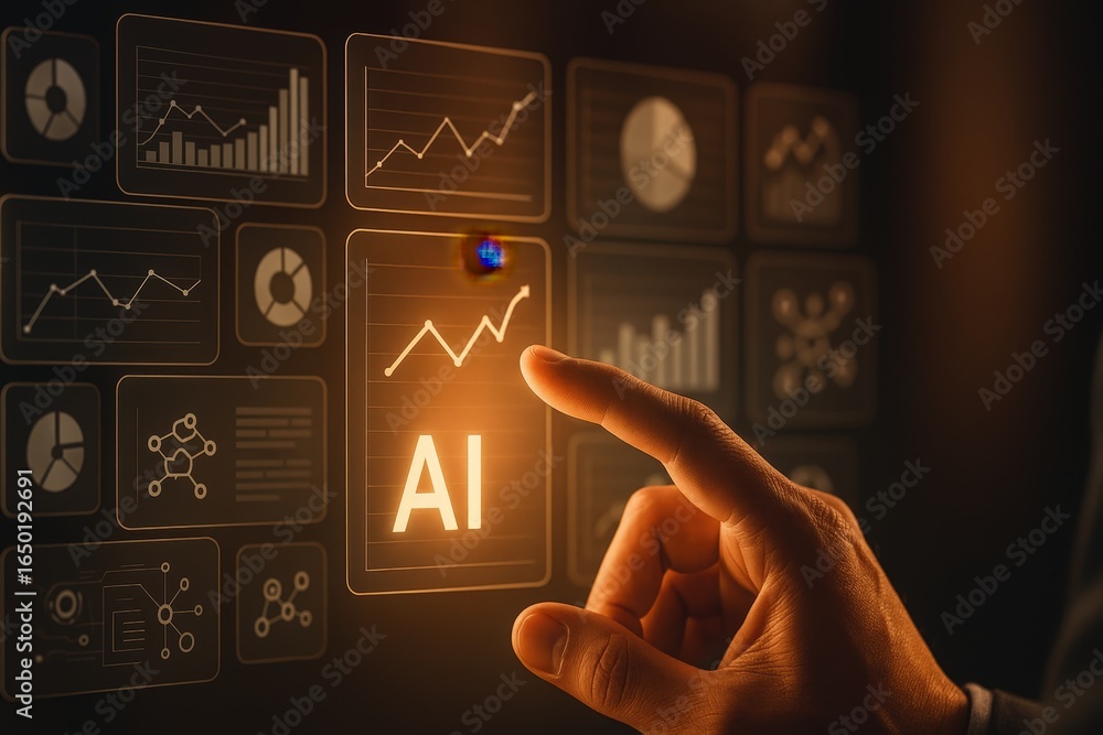Poster hand touching a glowing ai icon on a digital interface with charts.
