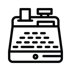 A cash register outlined in black showing a series of round buttons receipt paper and a screen, web icons in line style. Editable stroke