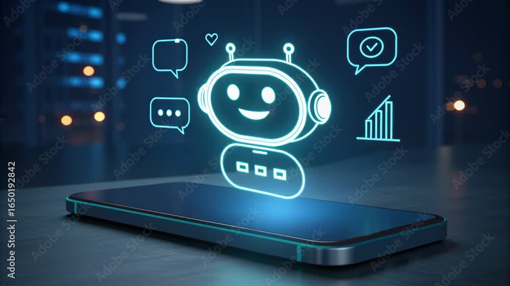 Poster ai automatic system task chatbot digital communication smartphone interface with glowing assistant i