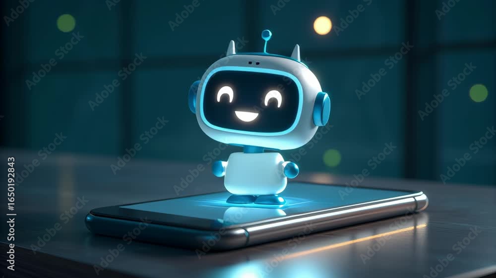 Poster cute ai robot character smartphone screen with automatic glowing system for task assistance futurist