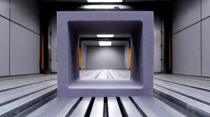 Fototapeta premium Textured gray cubic structure with an open interior space in an industrial hallway