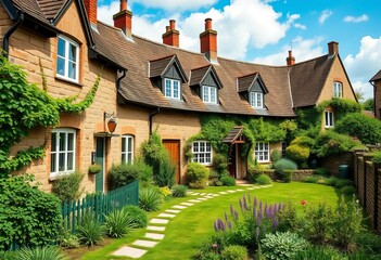 Quaint English terraced cottages, stone walls, lush green garden, climbing plants, home
