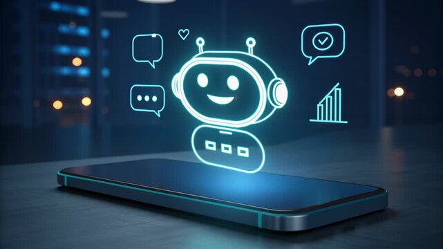 AI automatic system task chatbot digital communication smartphone interface with glowing assistant icon and smiling robot