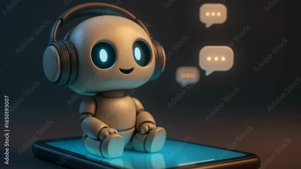 Poster cute robot with headphones smartphone screen showing chat bubbles representing ai automatic task sys